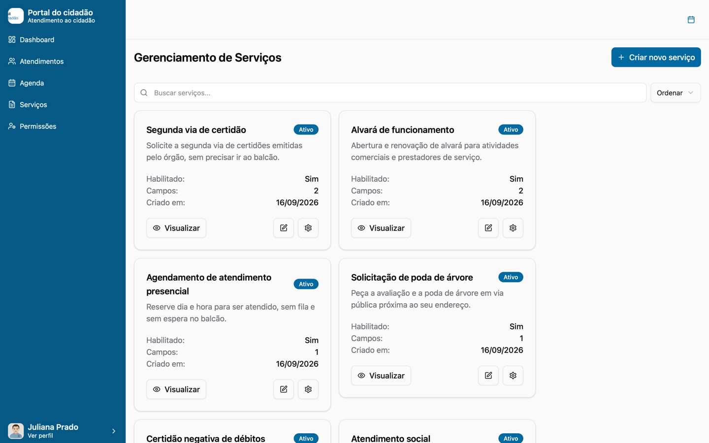 Service setup and access profiles in the management area.